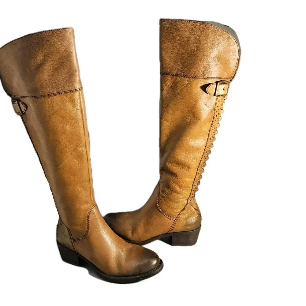 Vince Camuto Women Sz 5.5 M Over-the -knee BOLLO Moto -Boot Studs, Zip, Brown